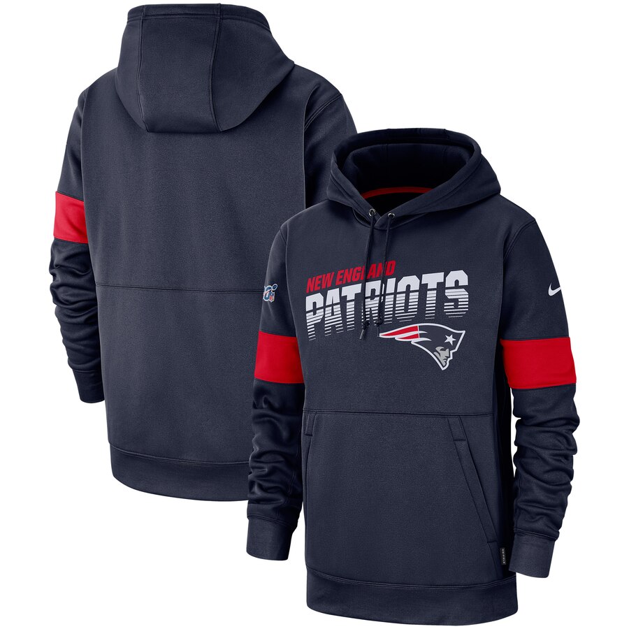 Men's New England Patriots 2019 Navy 100th Season Sideline Team Logo Performance Pullover Hoodie